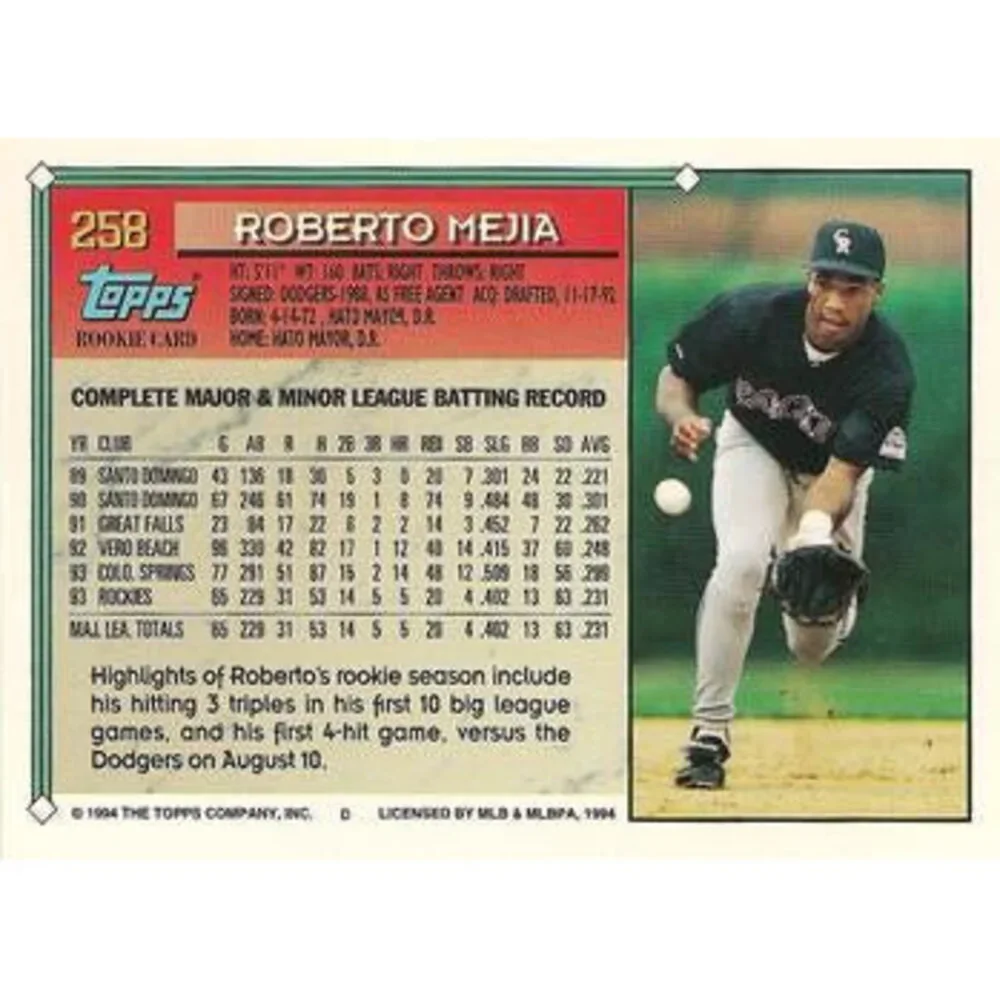 1994 Topps Roberto Mejia RC # 258 Colorado Rockies